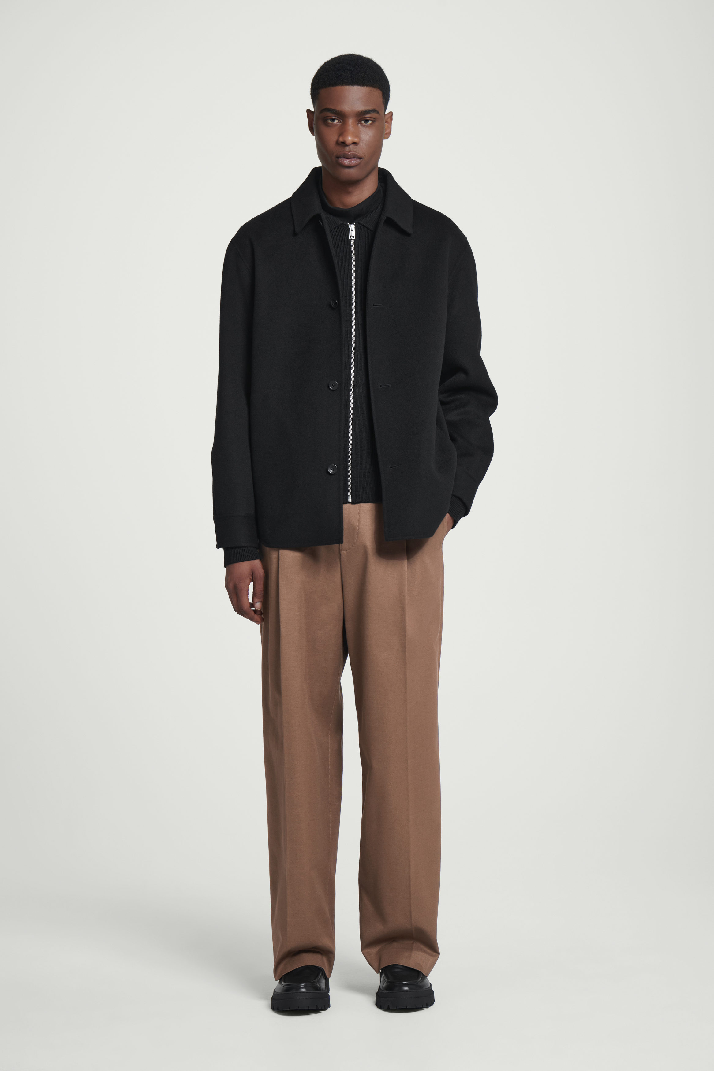【COSYHARU】Perth wool slacks RELAXED BELTED WOOL-HOPSACK TAPERED PANTS - BLACK | COS