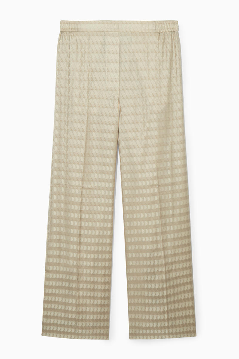 Geometric-Jacquard Satin Trousers in Beige