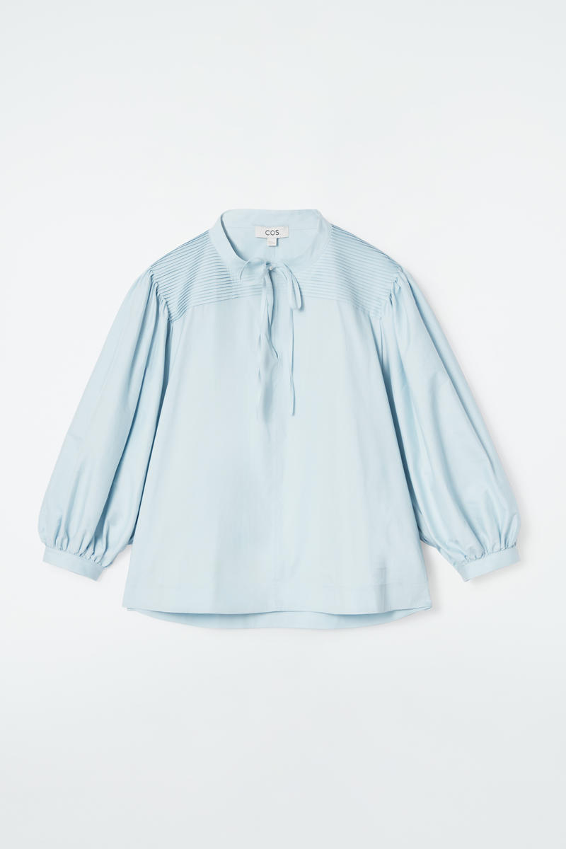 Tie-Detail Pleated Blouse in Blue