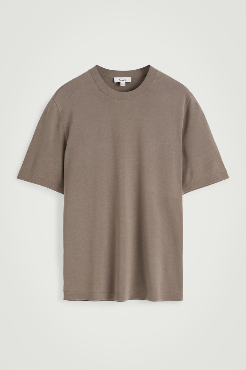 Knitted Cotton Crew-Neck T-Shirt in Beige
