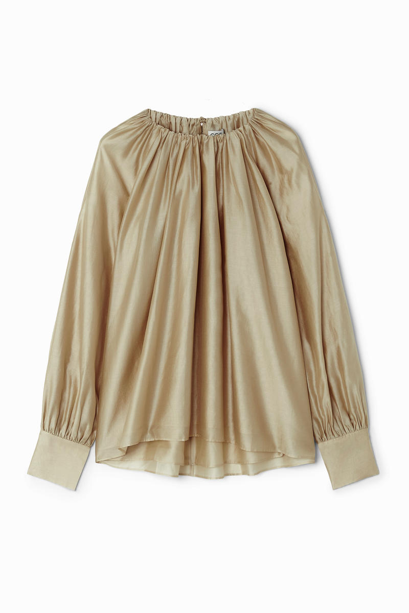 Pleated Long-Sleeved Blouse in Beige