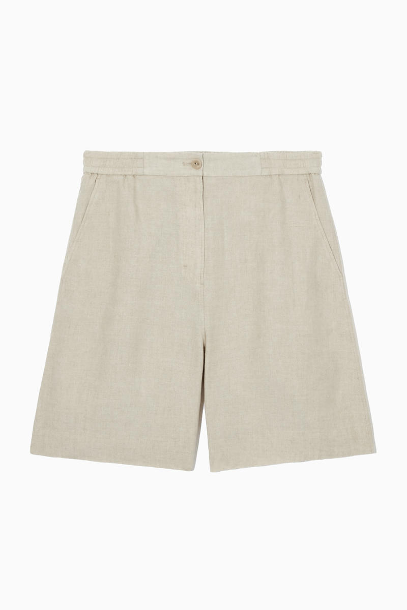 Elasticated Linen Shorts in Beige