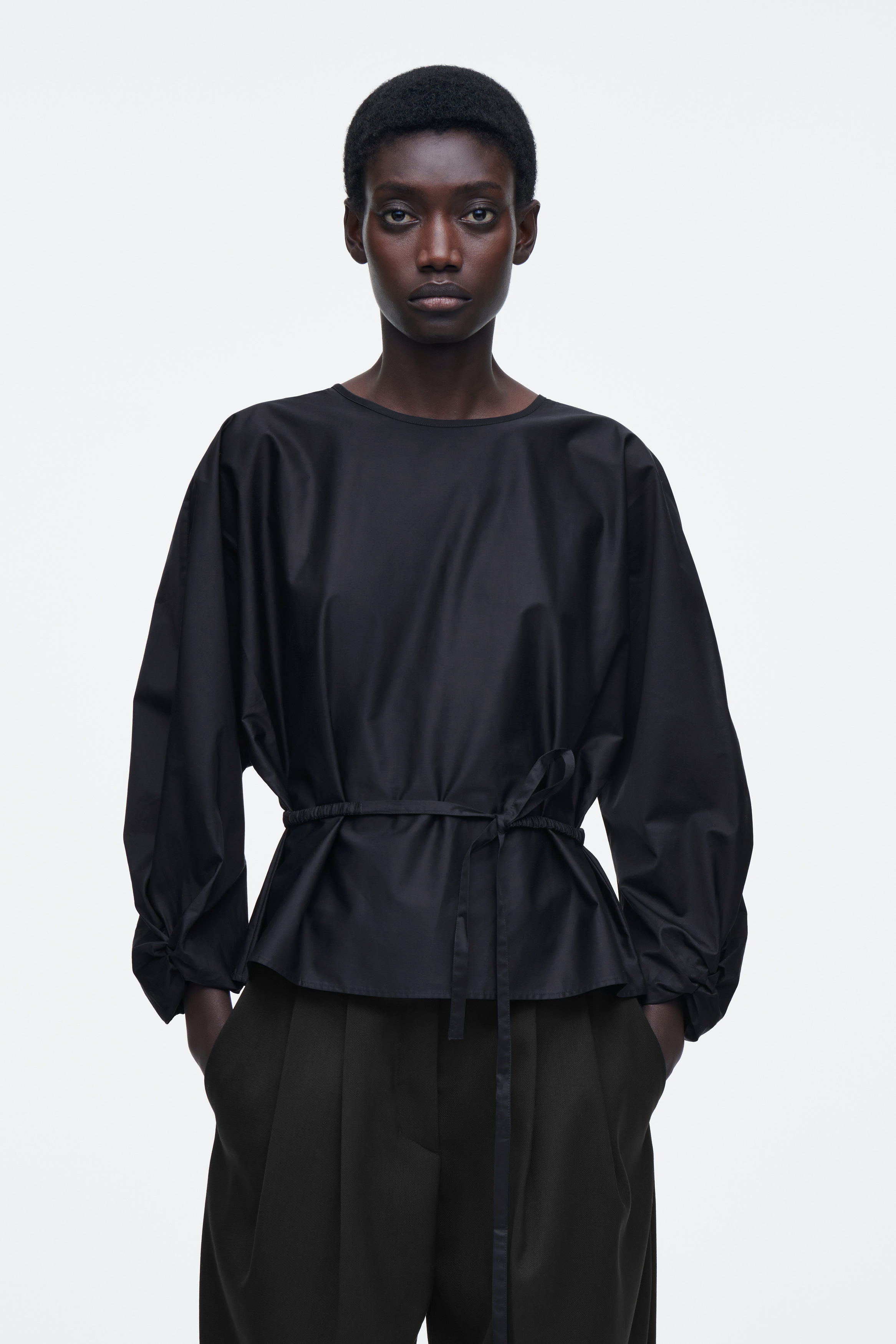 DRAWSTRING PEPLUM BLOUSE - NAVY