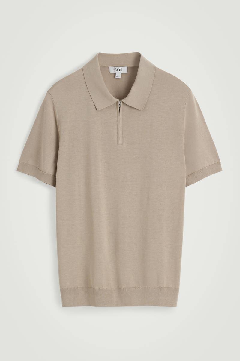 Cos Slim Knitted Silk Zip-up Polo Shirt In Beige