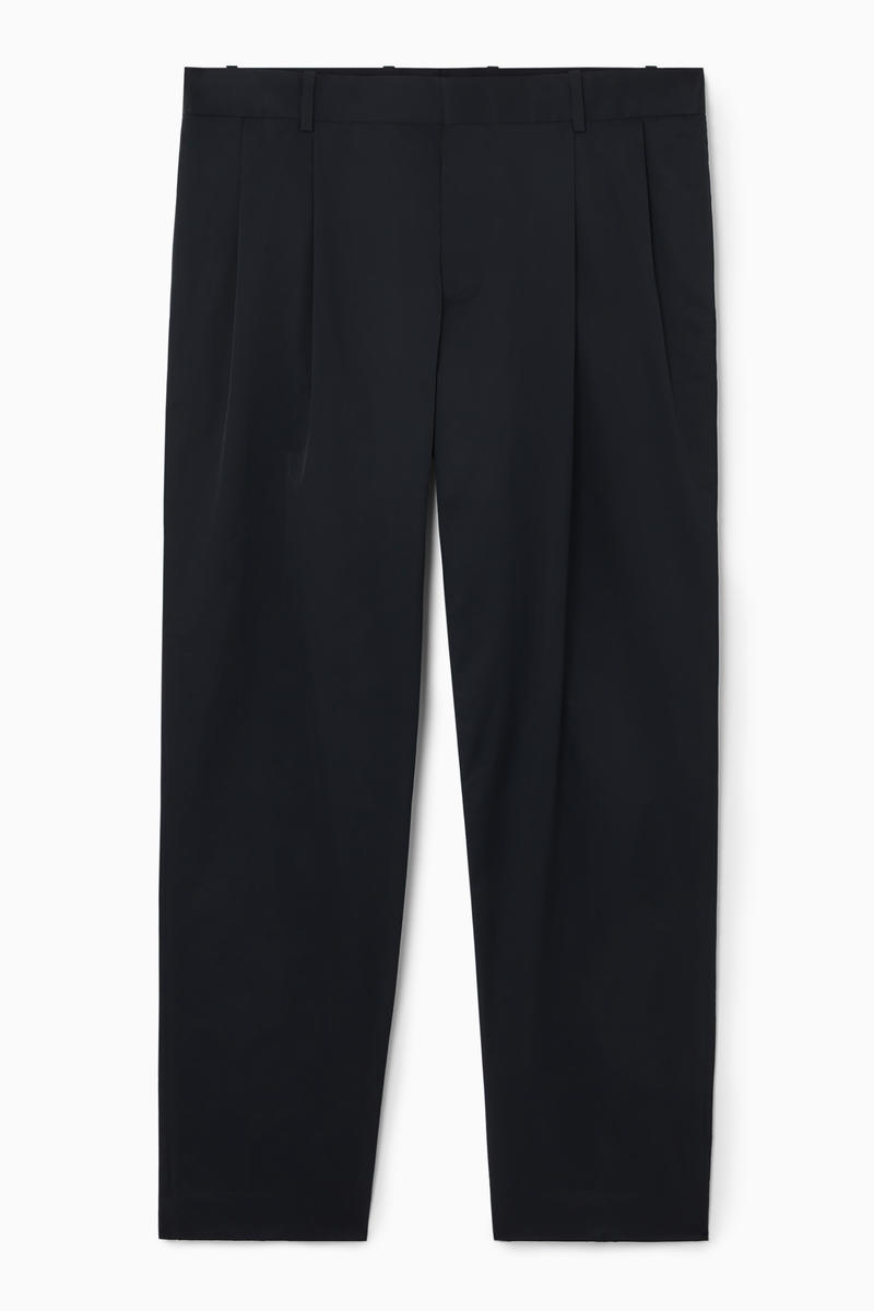 Regular Pleated Cotton Tapered Trousers in Blue