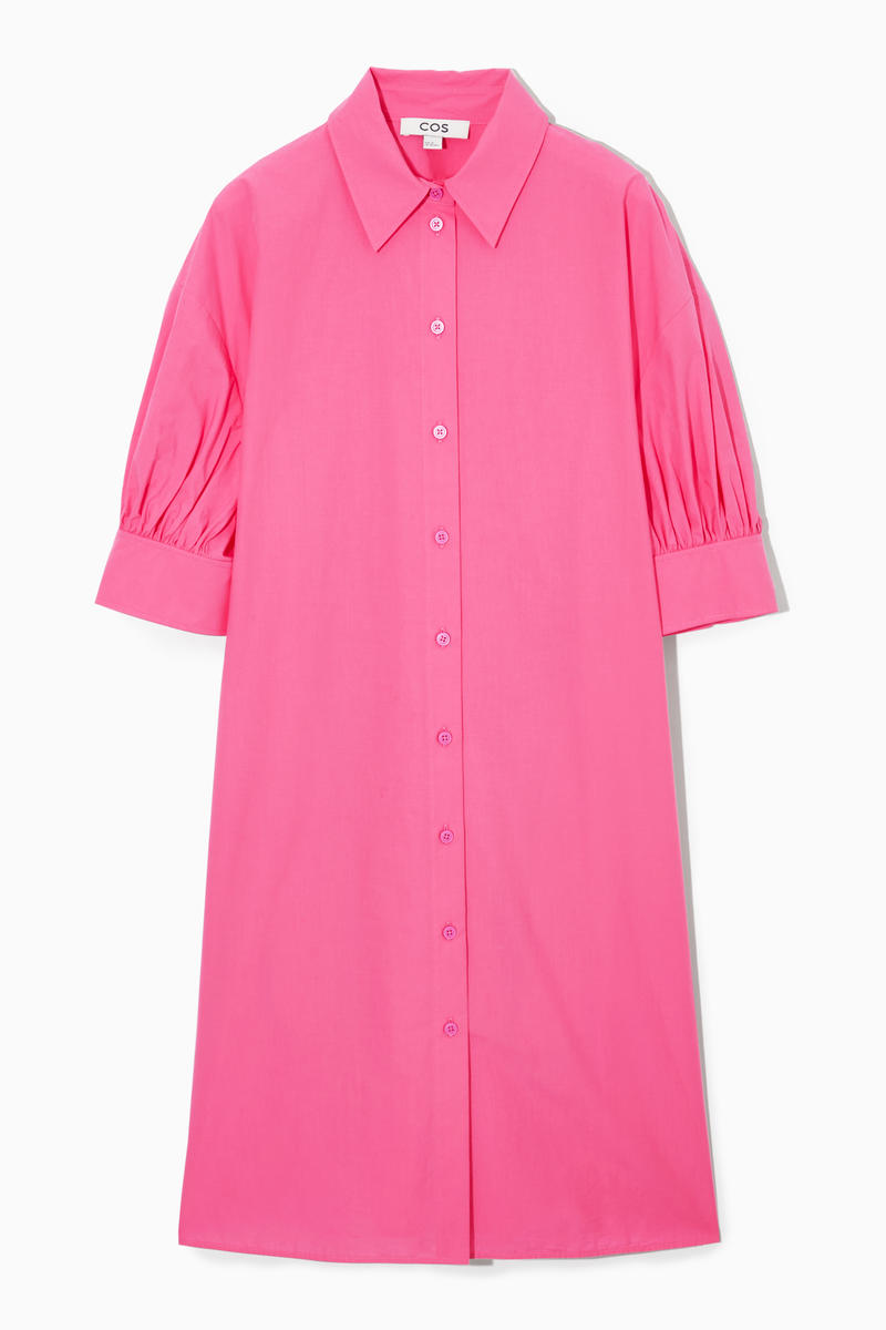 Cos Gathered-sleeve Mini Shirt Dress In Pink