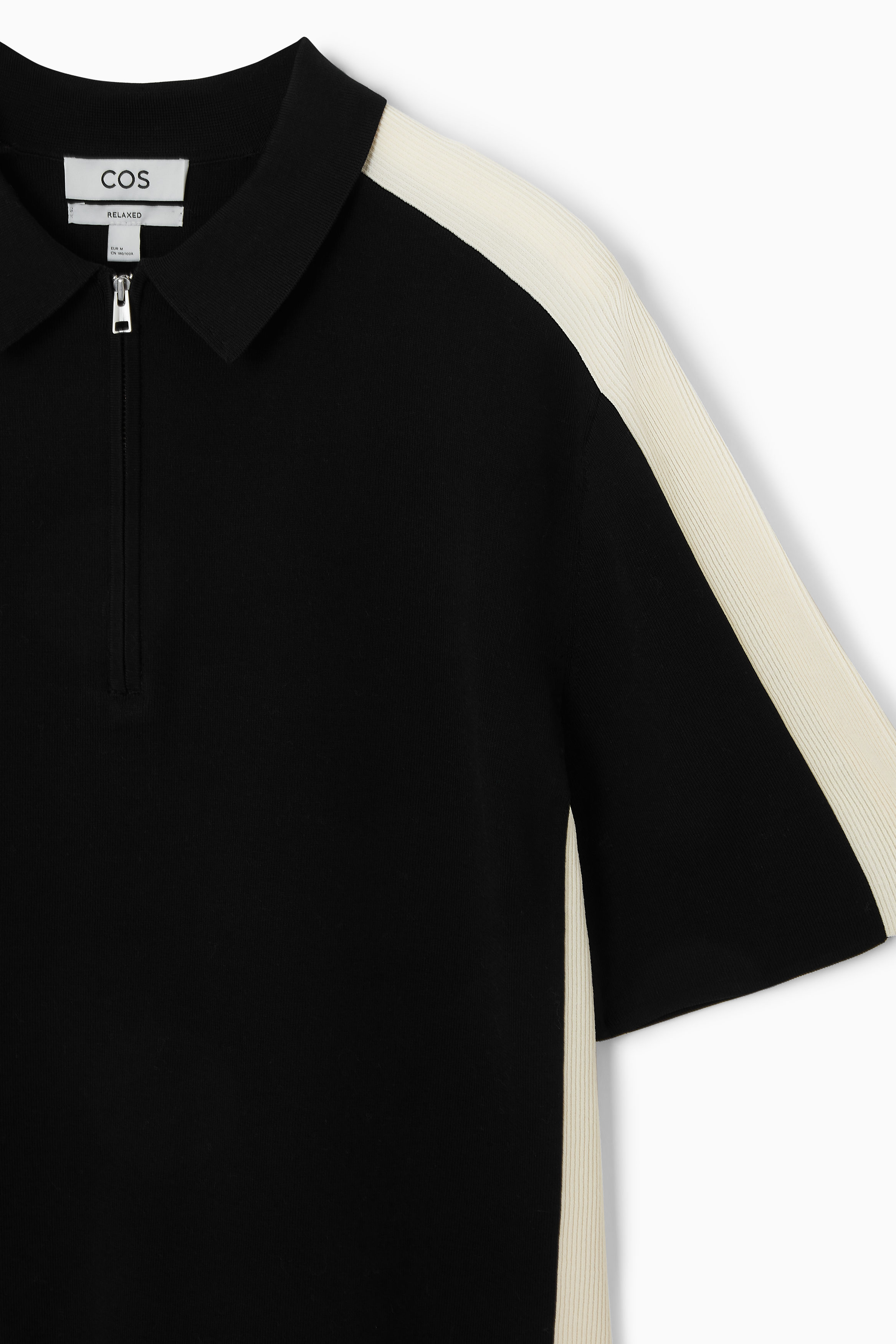 RELAXED COLOR-BLOCK COTTON HALF-ZIP POLO SHIRT - BLACK / OFF-WHITE