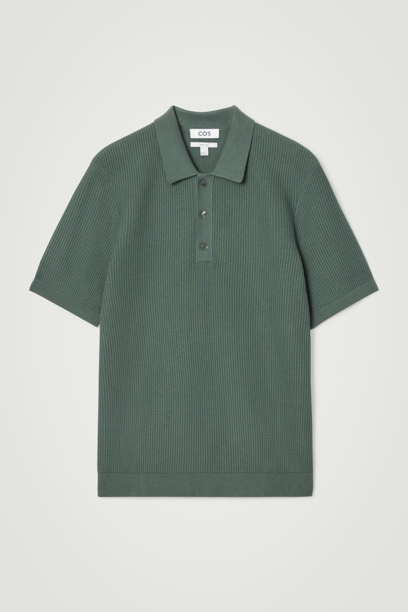 Textured Knitted Polo Shirt in Green