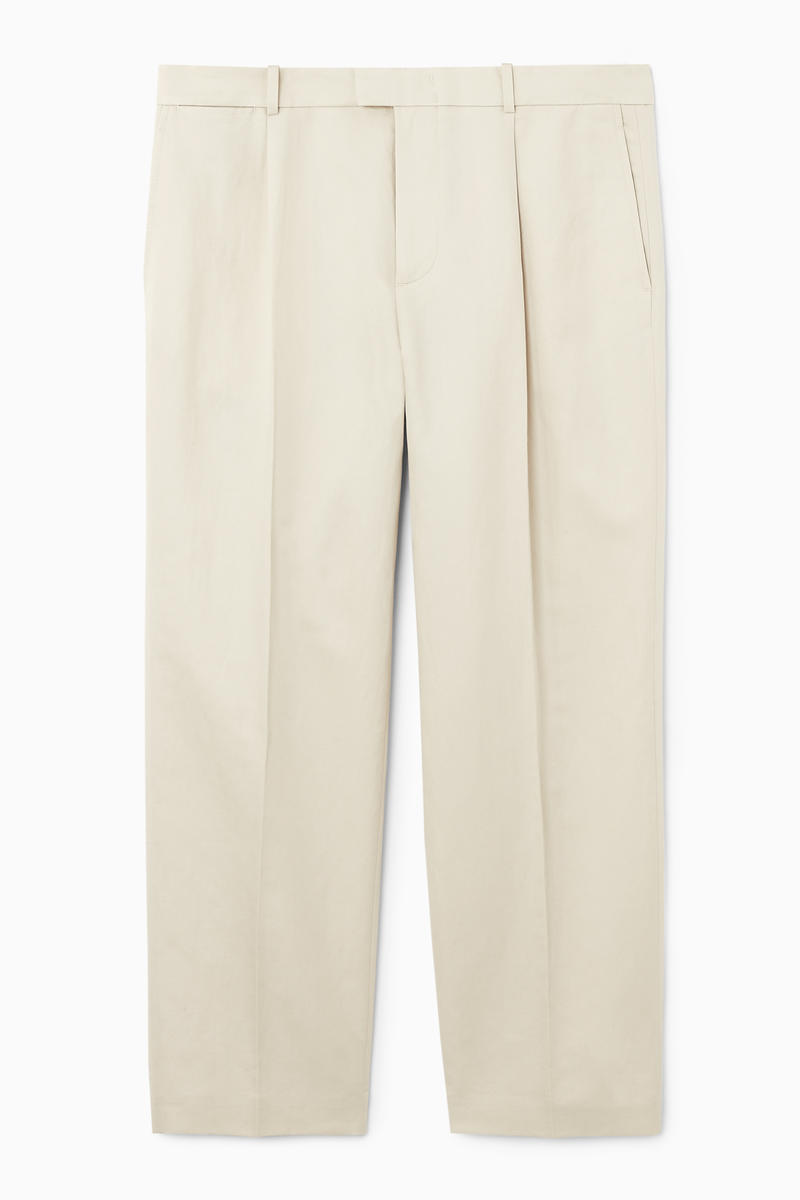 Pleated Straight-Leg Linen Trousers in Beige