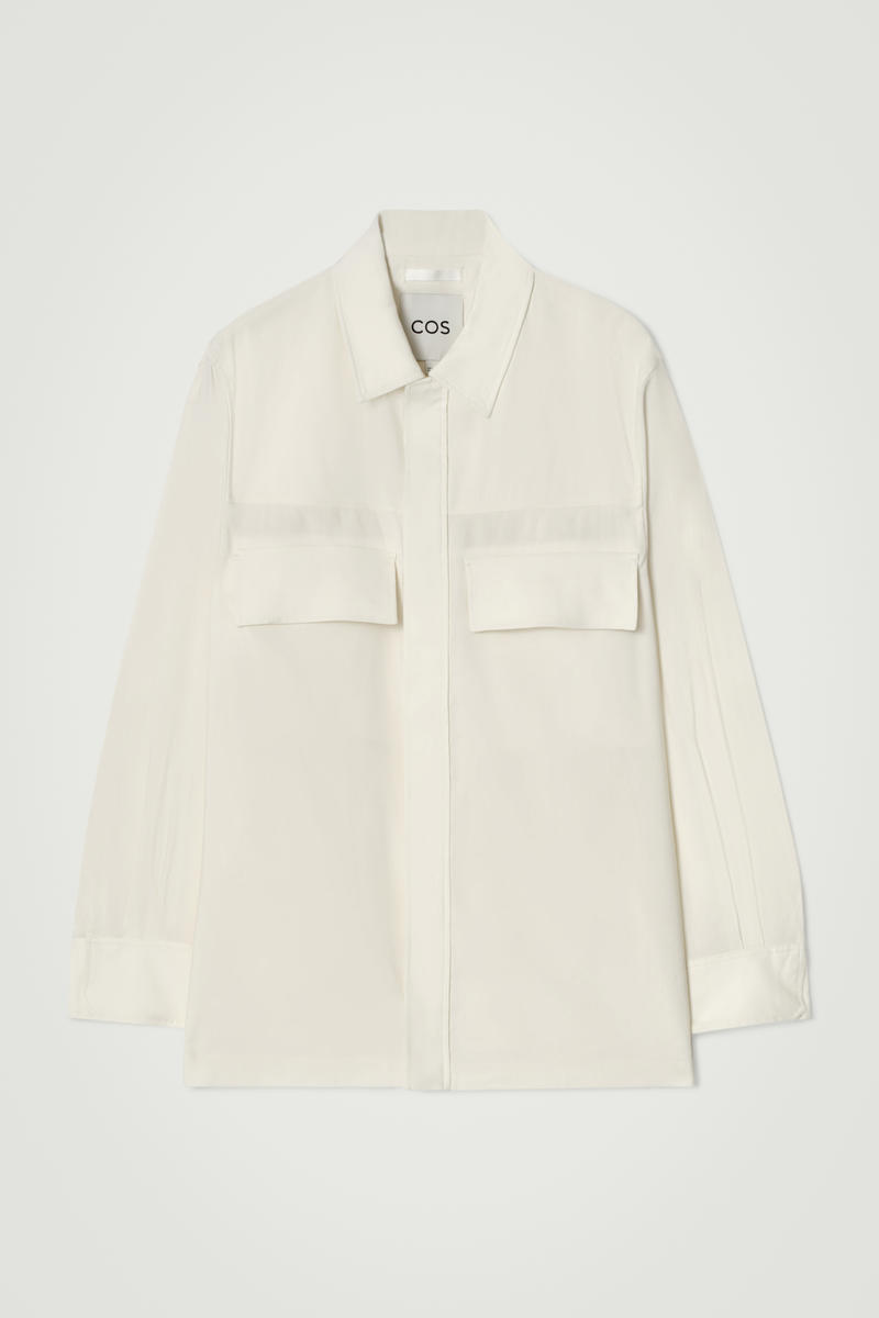 Linen-Blend Utility Overshirt in Beige