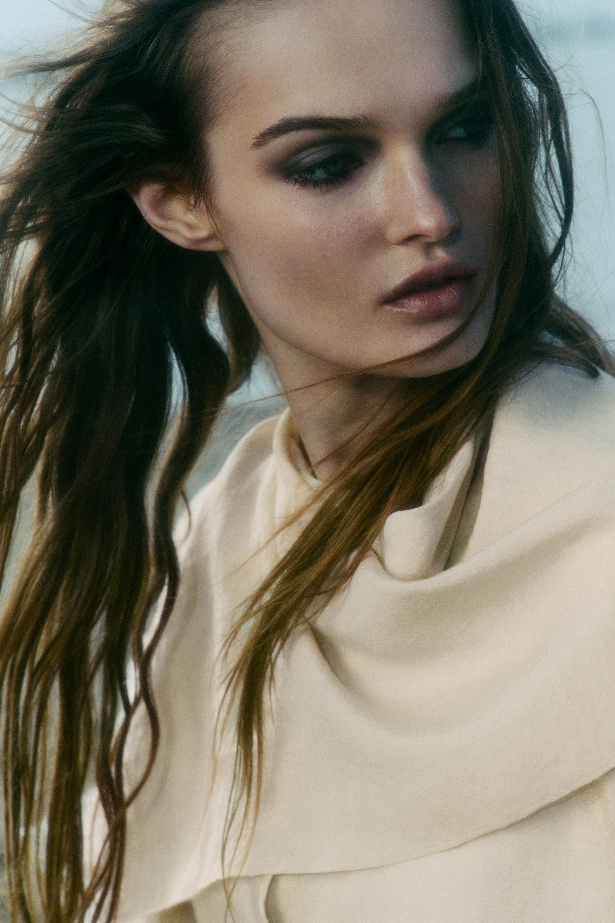 SCARF-DETAIL SILK BLOUSE - BEIGE