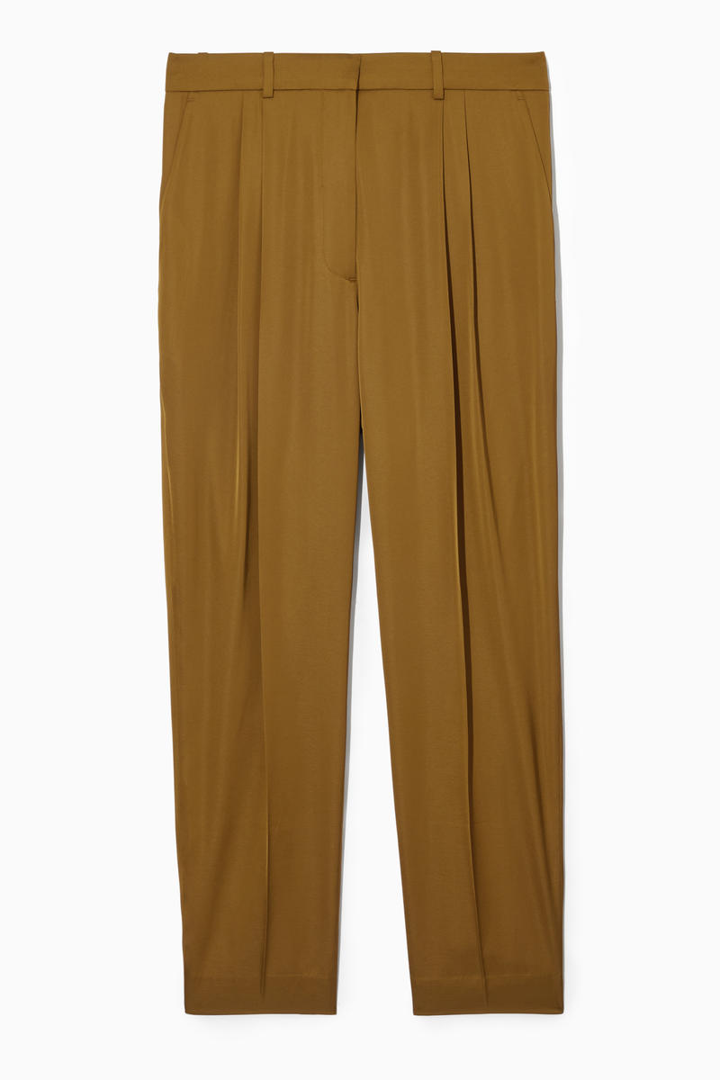 Straight-Leg Pleated Satin Trousers in Brown