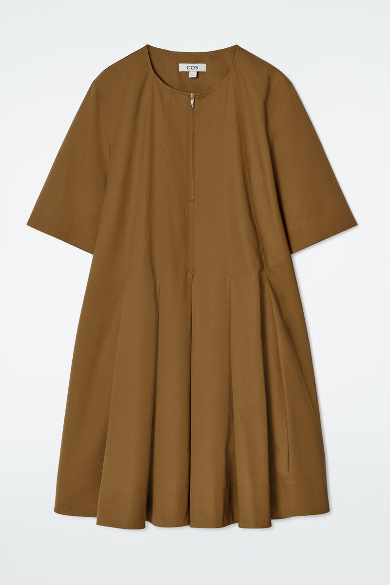 Cos Abito Midi In Cotone Con Pieghe E Cerniera In Beige