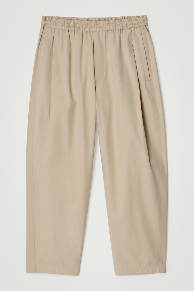 Cropped Elasticated Wide-Leg Trousers in Beige
