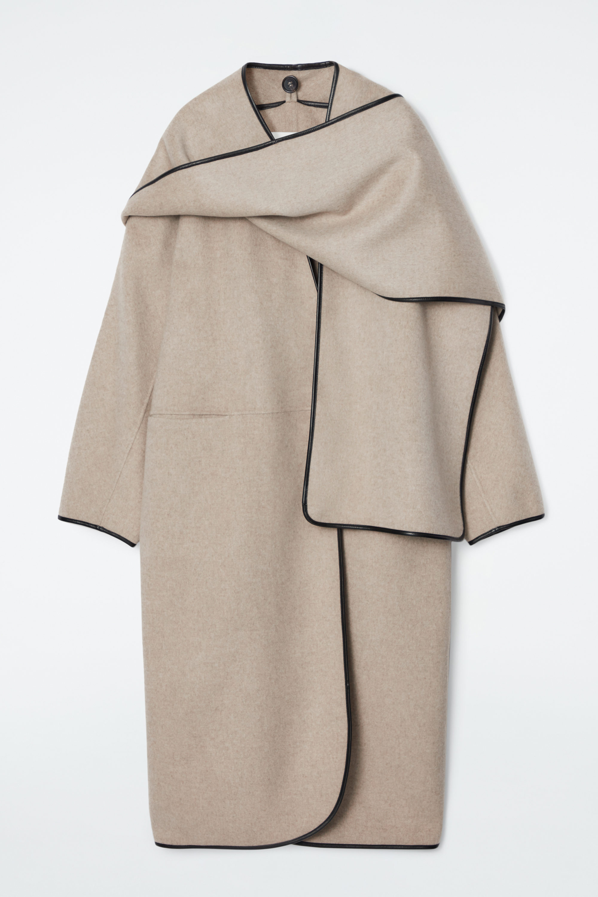 LEATHER-TRIMMED WOOL SCARF COAT - BEIGE