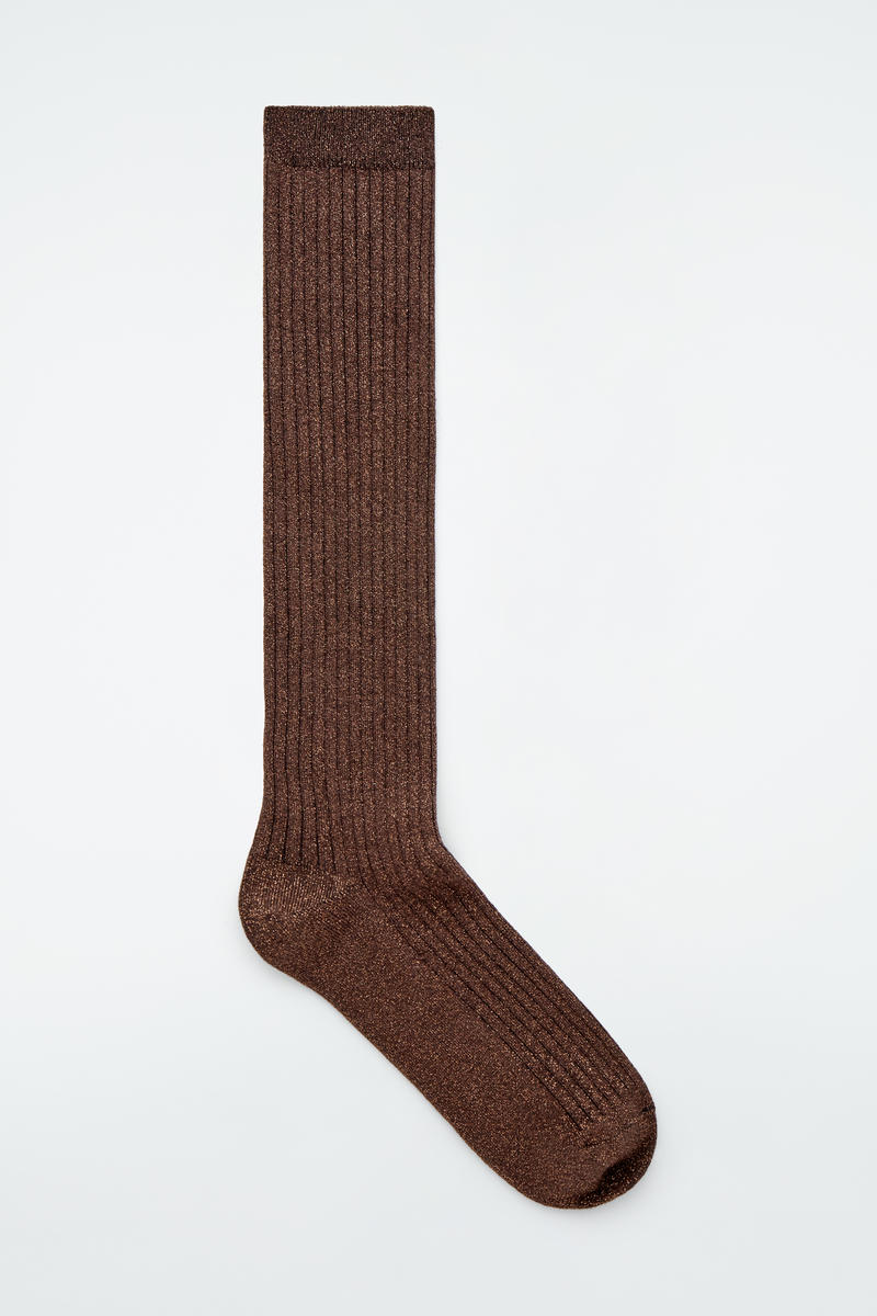 Cos Ribbed Lurex Knee Socks In Brown