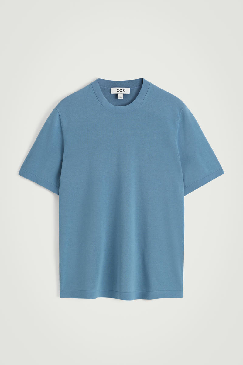 Knitted Cotton Crew-Neck T-Shirt in Blue