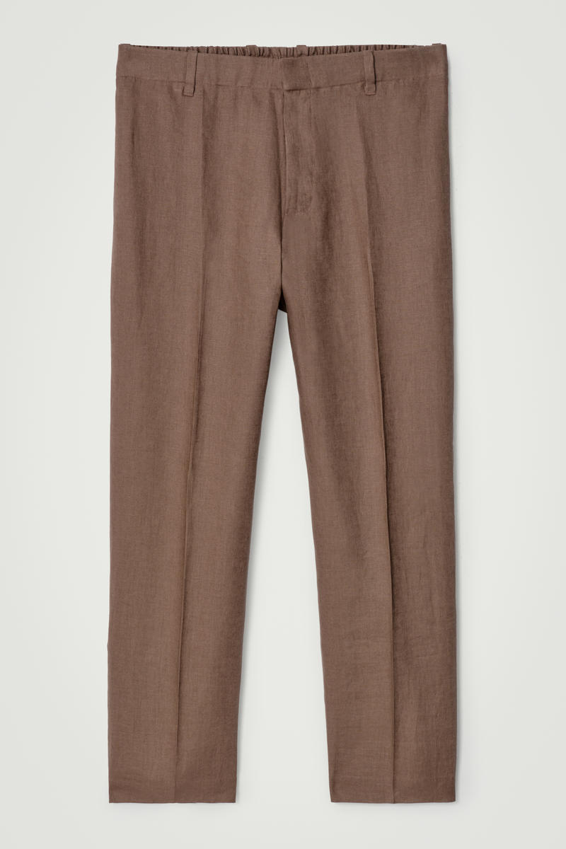 Elasticated Linen Straight-Leg Trousers in Brown