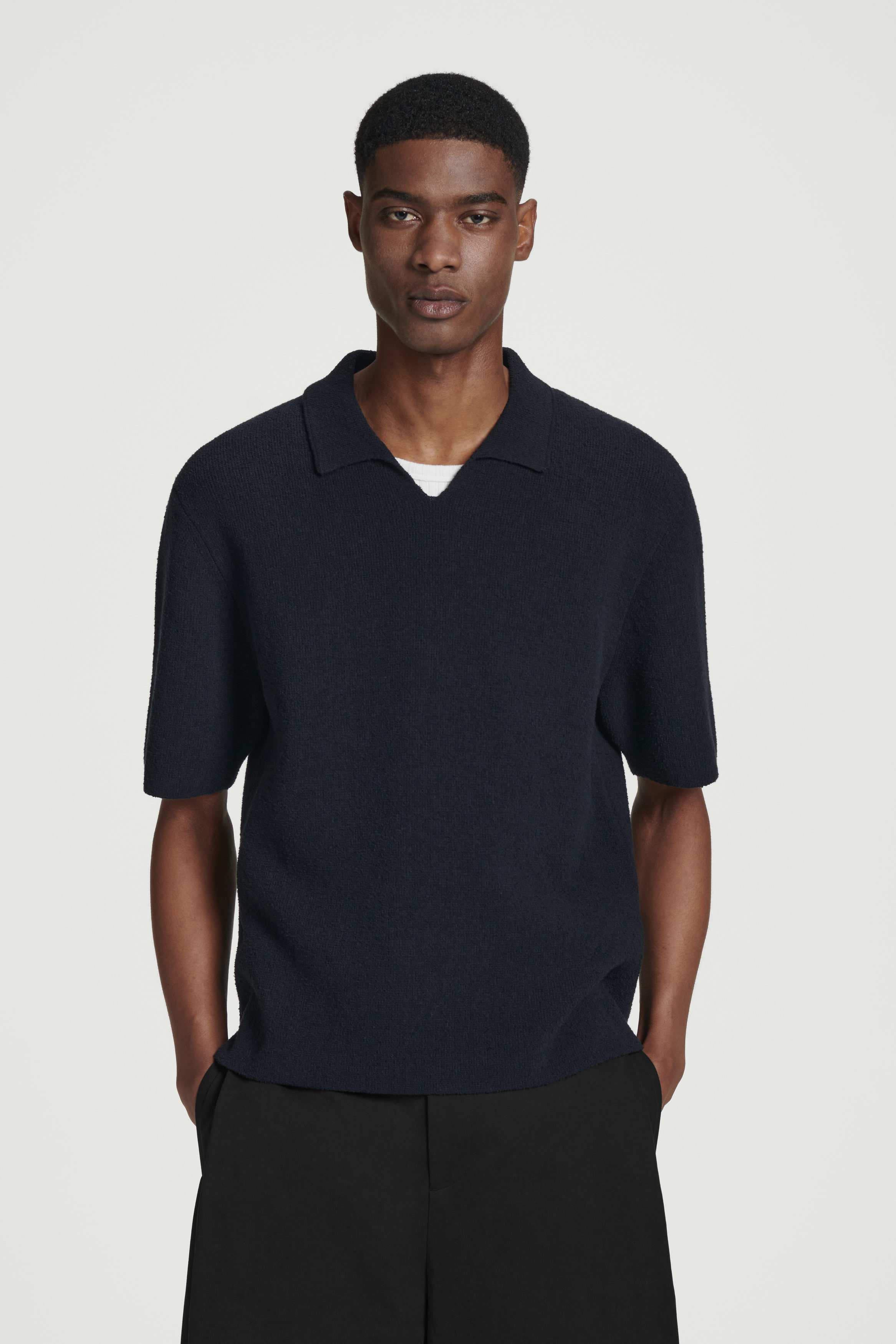 OPEN-COLLAR BOUCLÉ-KNIT POLO SHIRT - NAVY | COS US