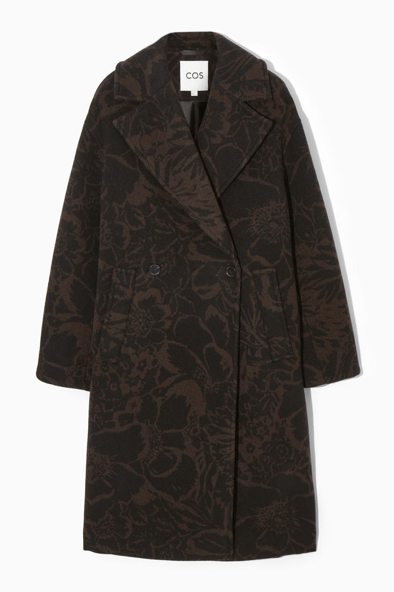 Oversized Double-Breasted Floral-Print Wool Coat