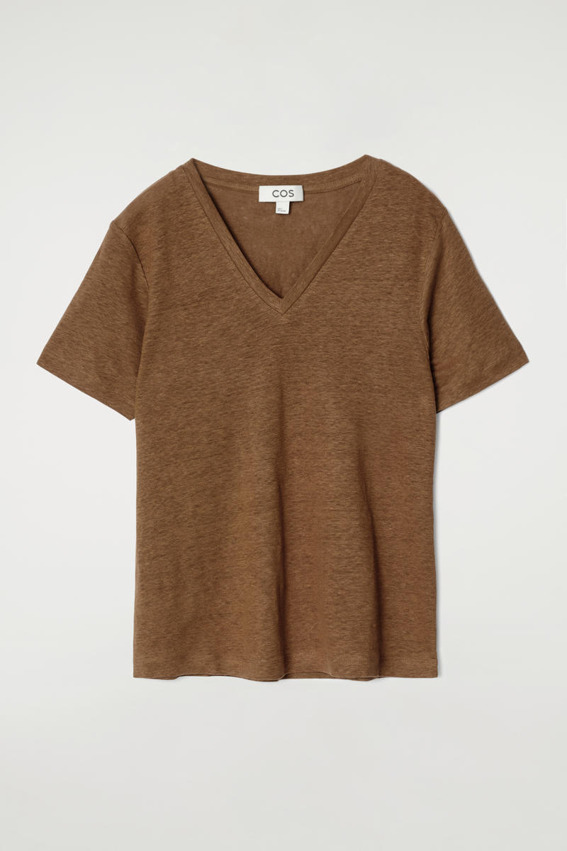 V-Neck Linen T-Shirt in Beige