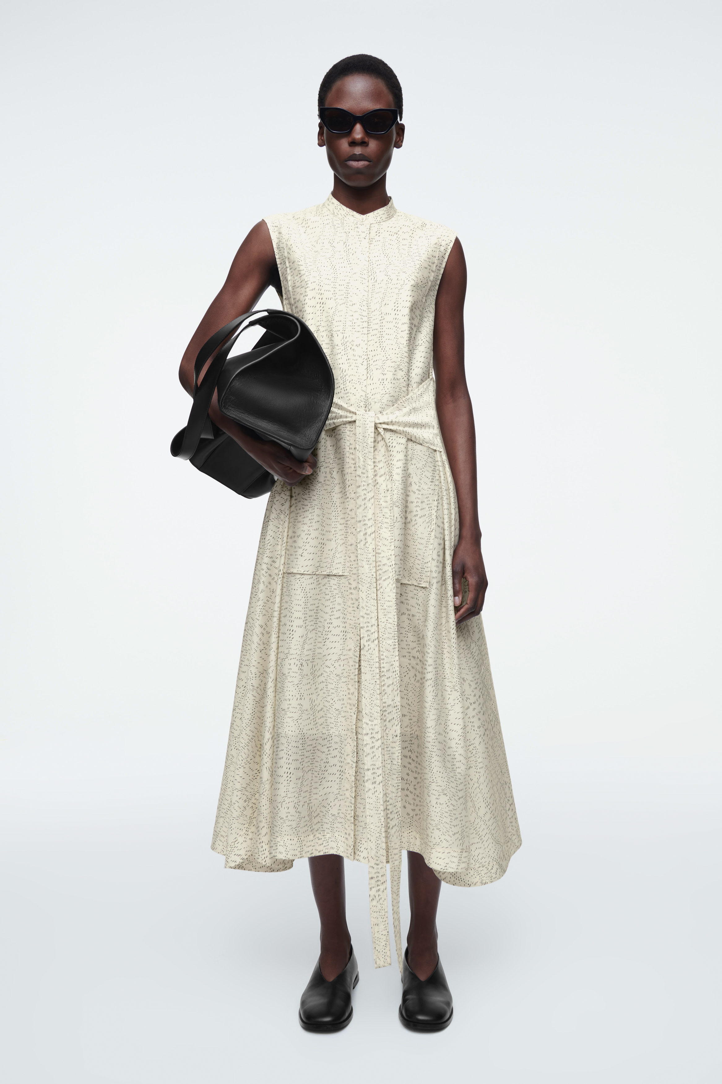 PRINTED FLUID TIE-WAIST MIDI DRESS