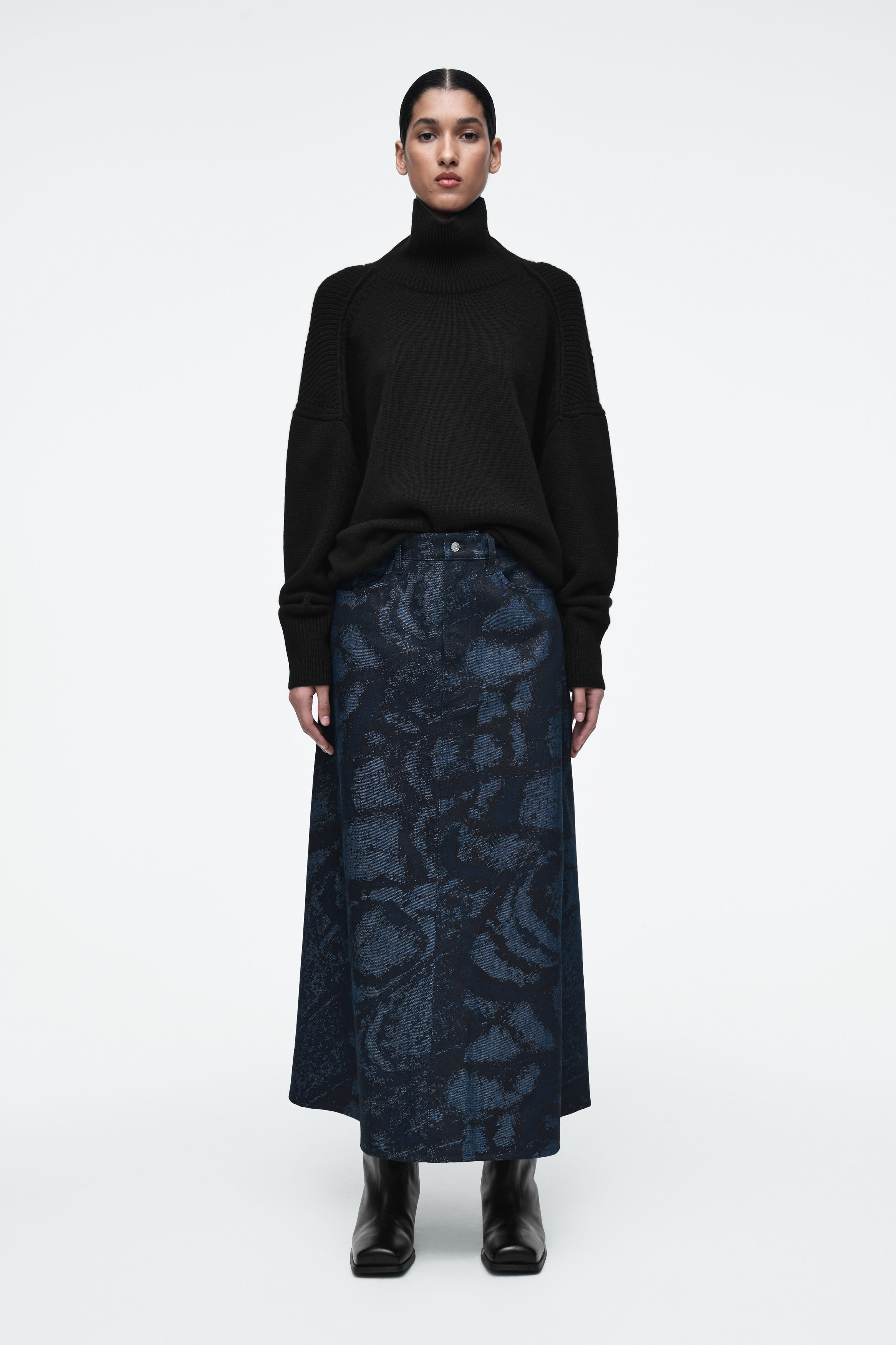 JACQUARD DENIM A-LINE MIDI SKIRT - BLUE
