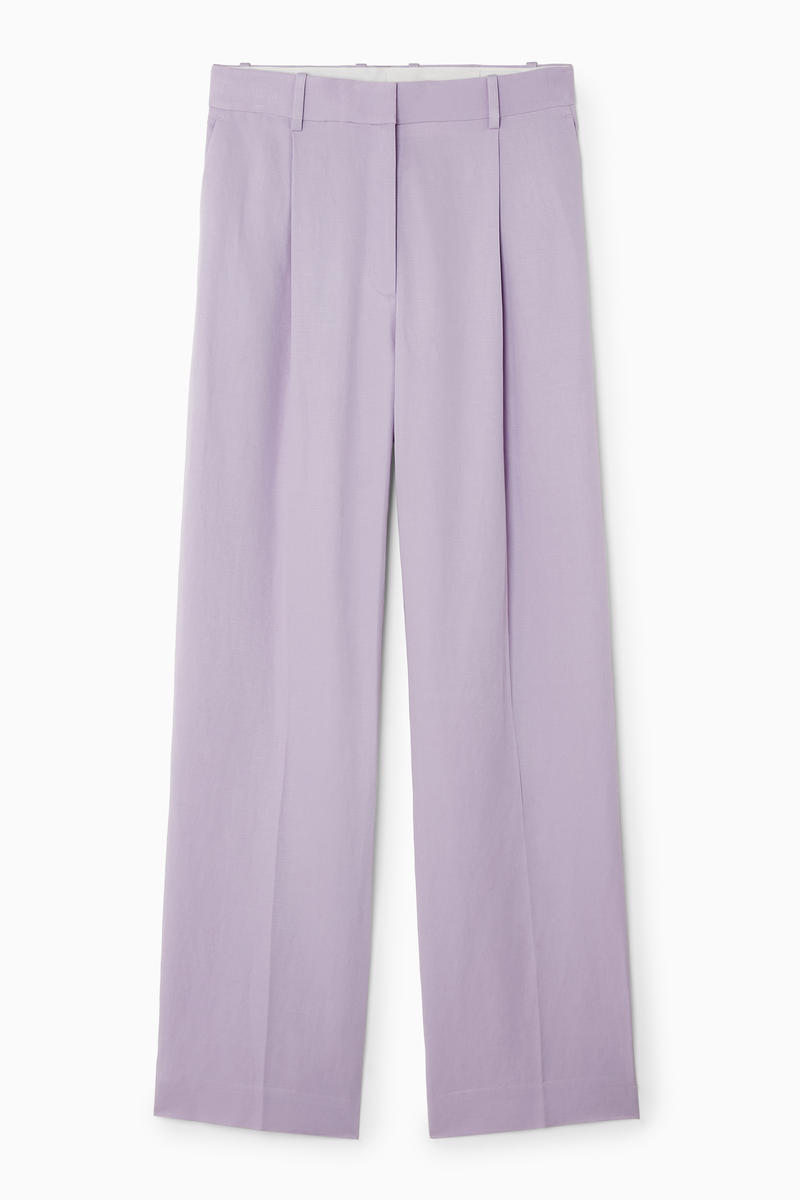 Pleated Linen-Blend Wide-Leg Trousers in Purple