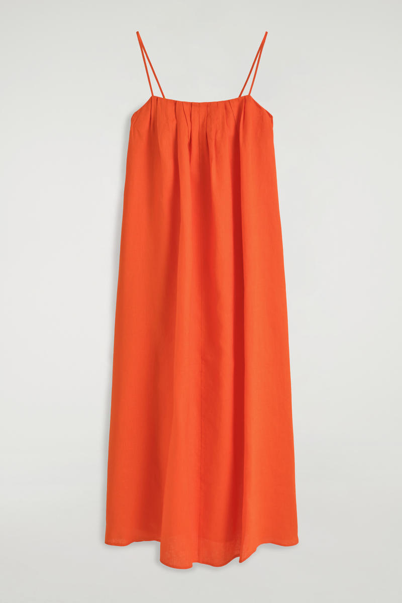 Pleated Linen Maxi Dress in Orange