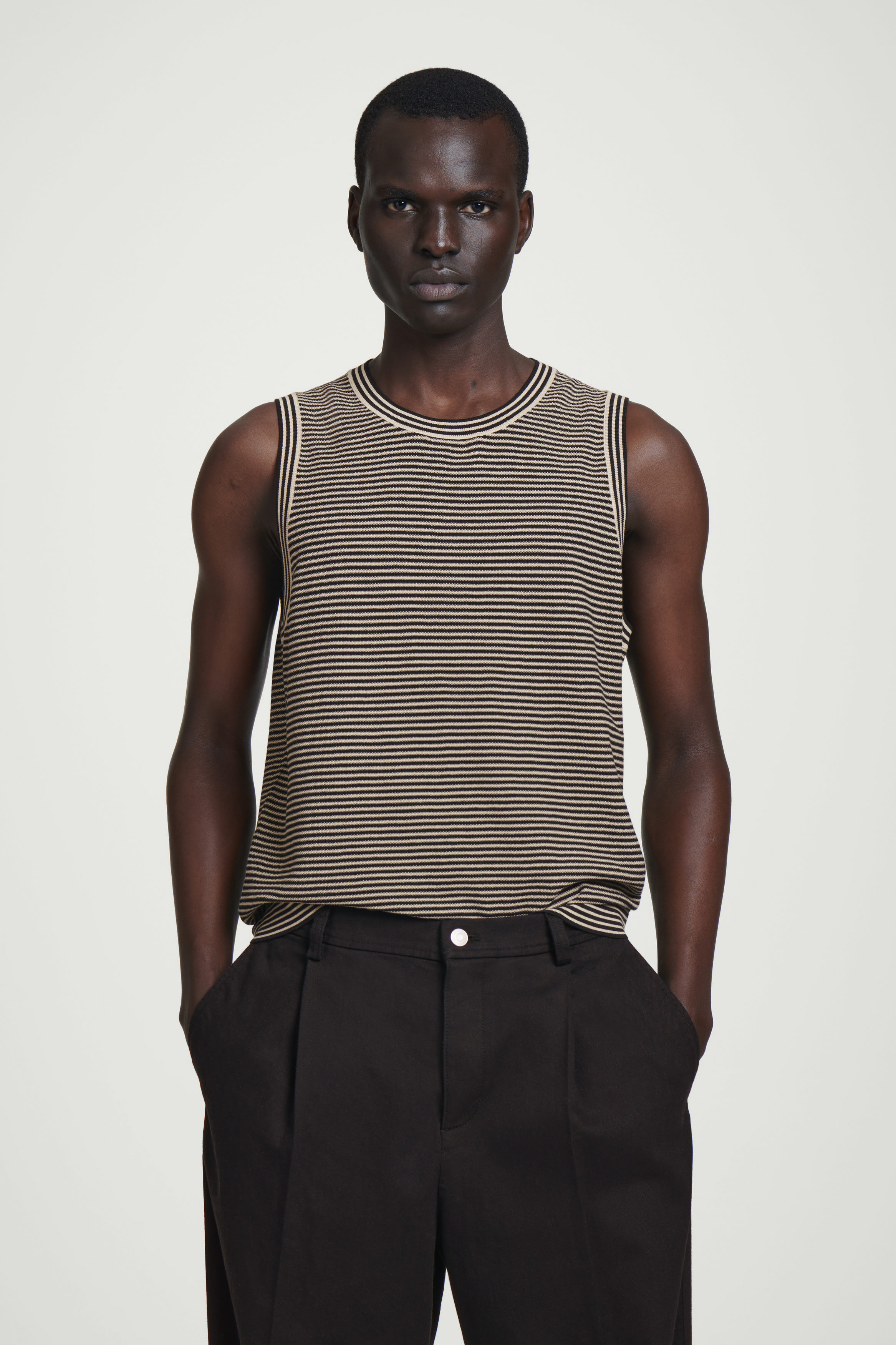 TEXTURED-KNIT STRIPED COTTON TANK TOP - BEIGE / BLACK