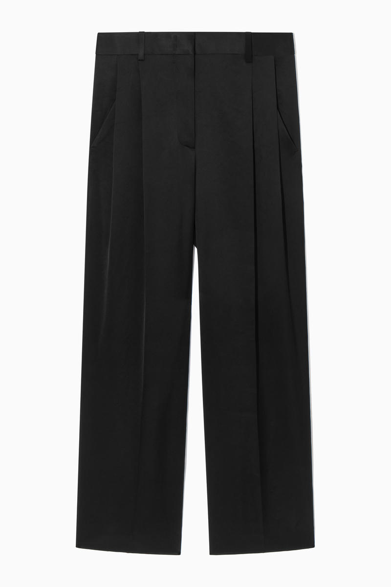 Wide-Leg Pleated Satin Trousers