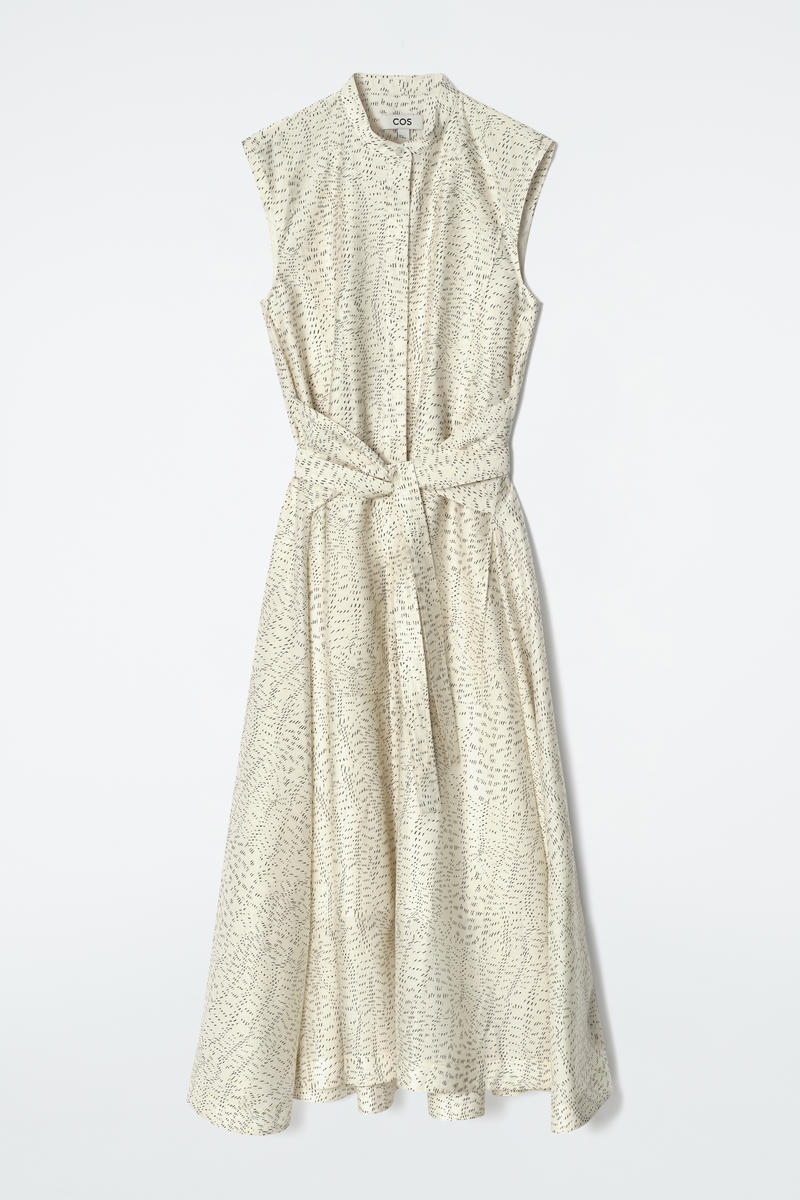 Cos Printed Fluid Tiewaist Midi Dress In Bianco