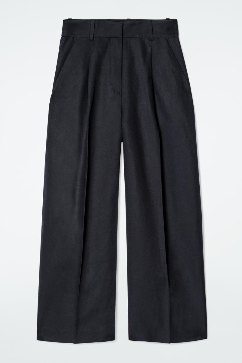 Relaxed Linen-Blend Wide-Leg Trousers in Navy