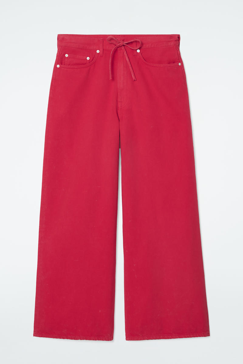 Wide-Leg Drawstring Denim Trousers in Red