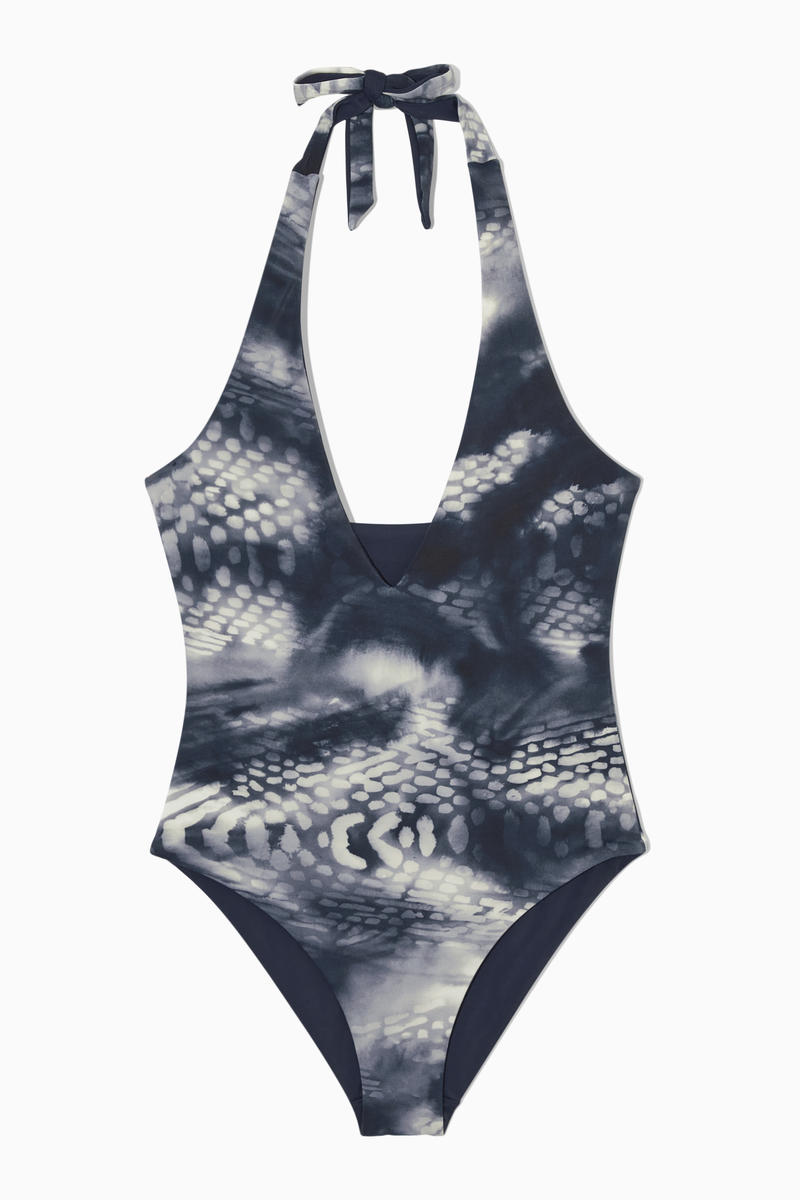 Reversible Printed Plunge Swimsuit in Blue