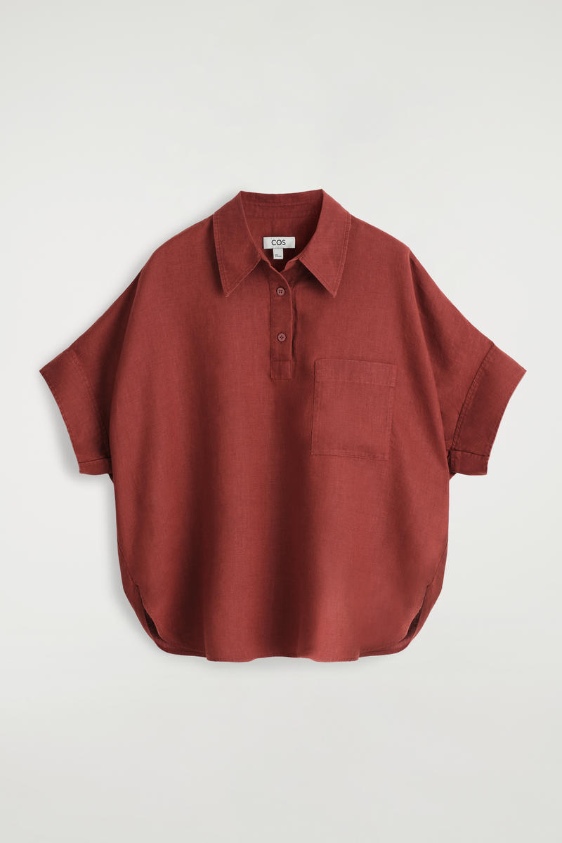 Linen Half-Placket Shirt in Red