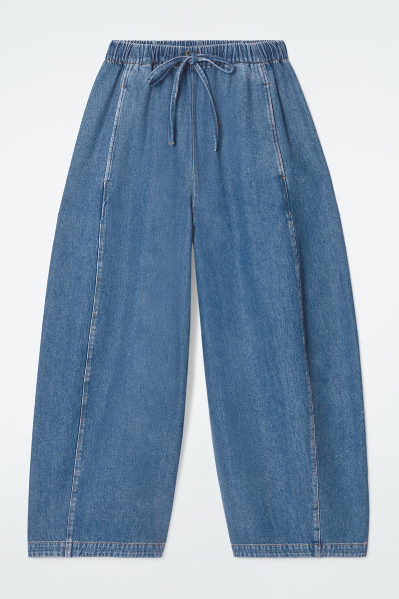 Barrel-Leg Denim Drawstring Trousers in Blue
