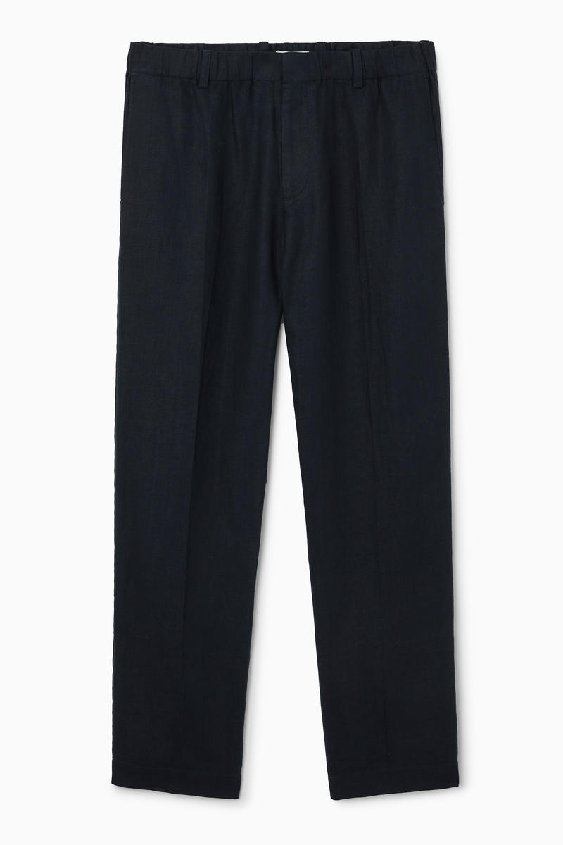 Straight-Leg Elasticated Linen Trousers in Blue