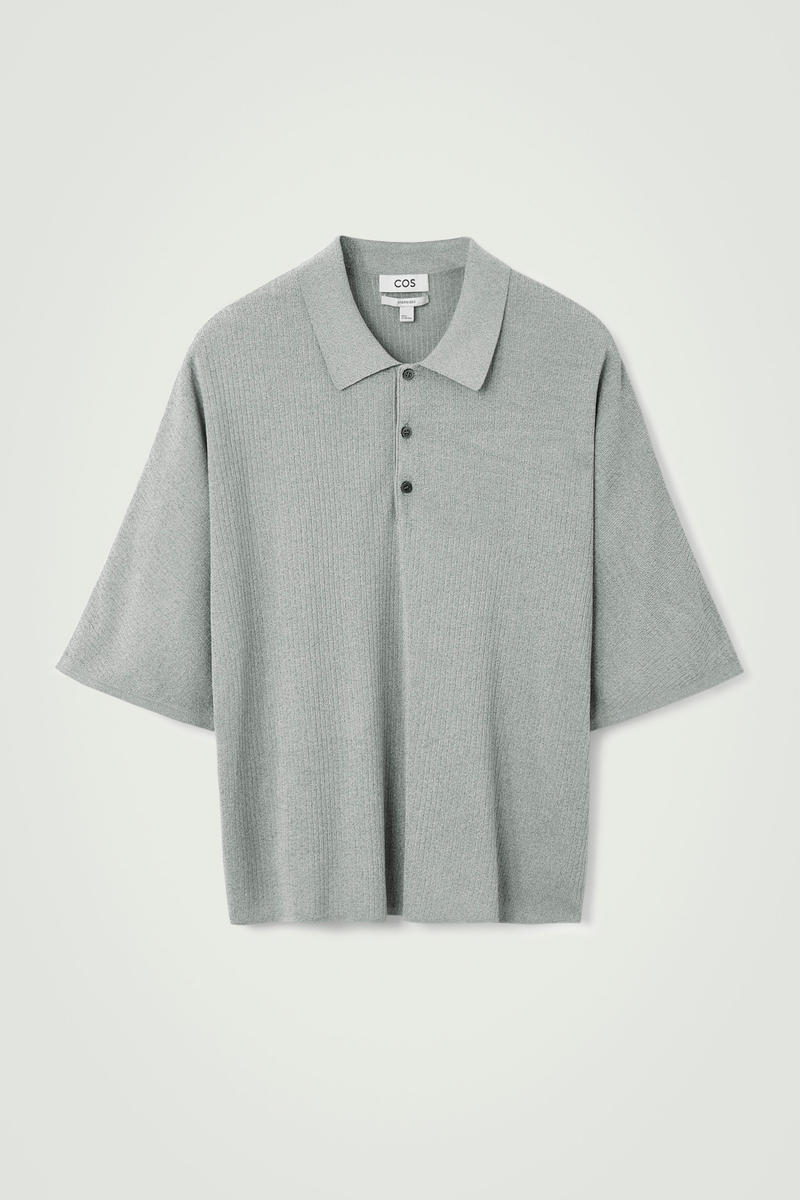 Oversized Ribbed-Knit Polo Shirt in Grey