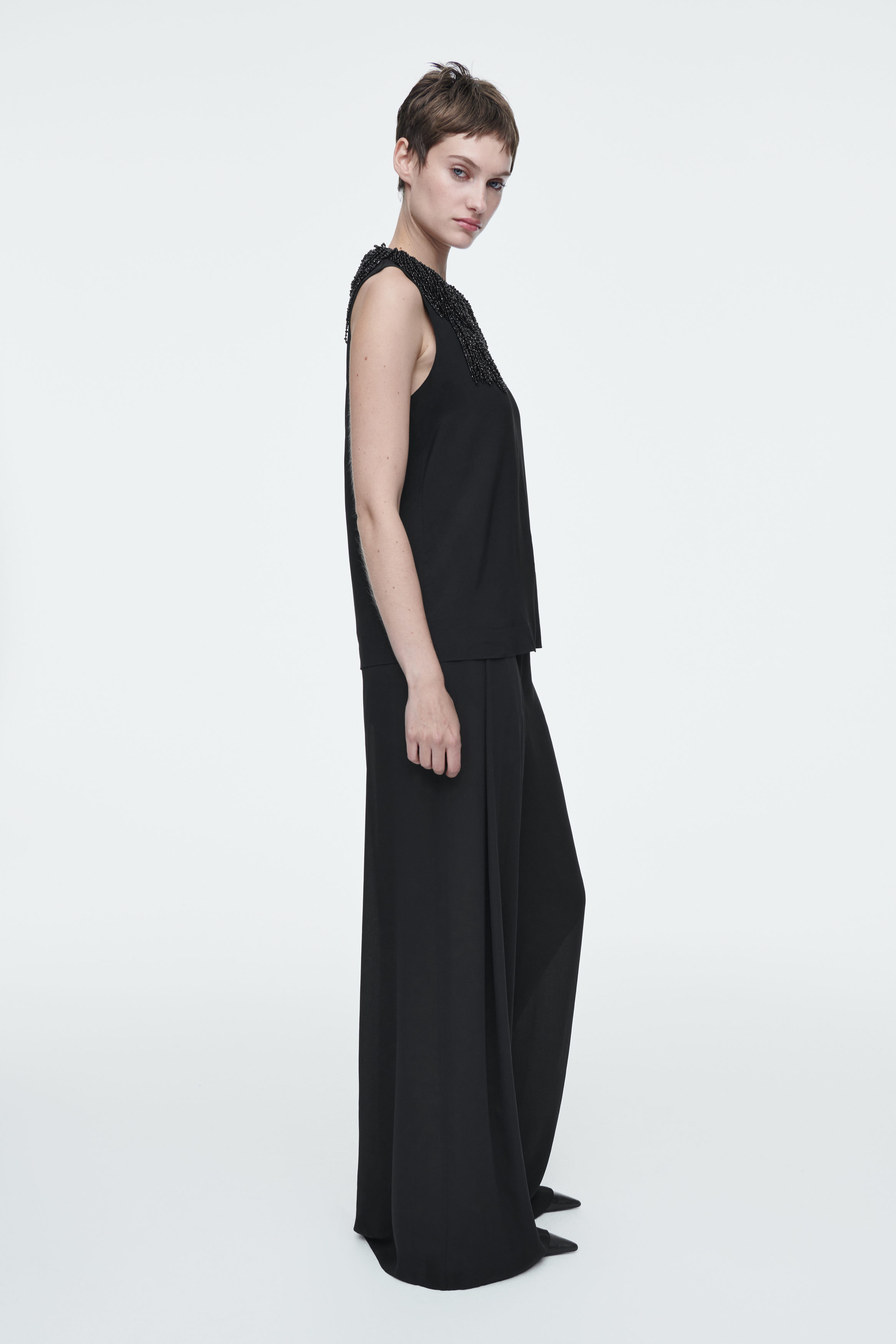 EMBELLISHED RACER-NECK TOP - BLACK