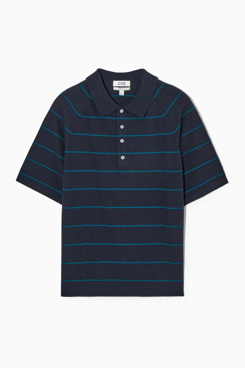 Regular Textured-Knit Striped Polo Shirt in Blue