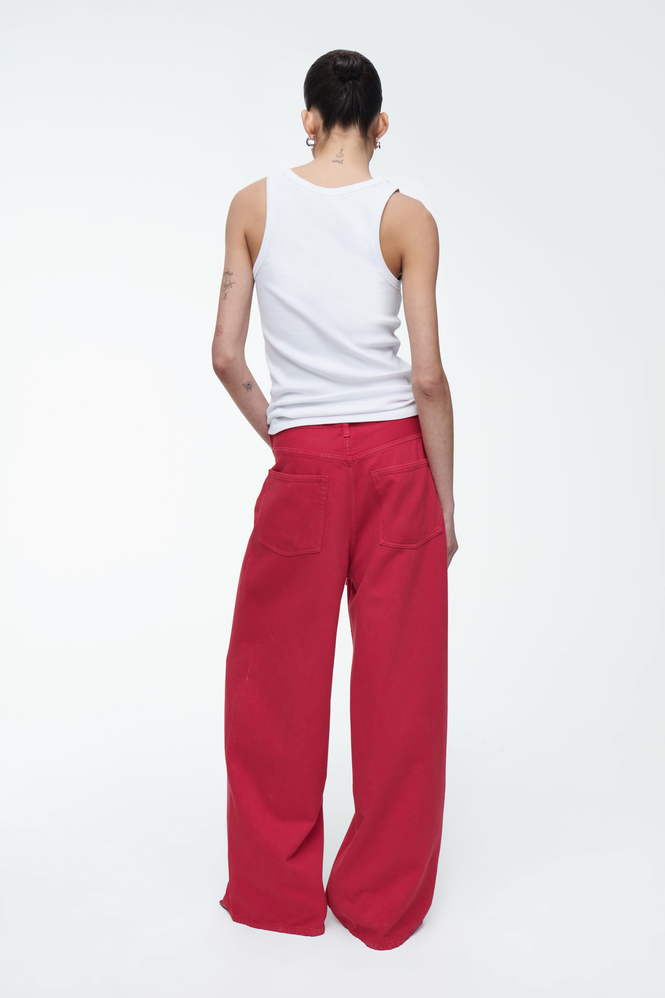 WIDE-LEG DRAWSTRING DENIM TROUSERS - RED