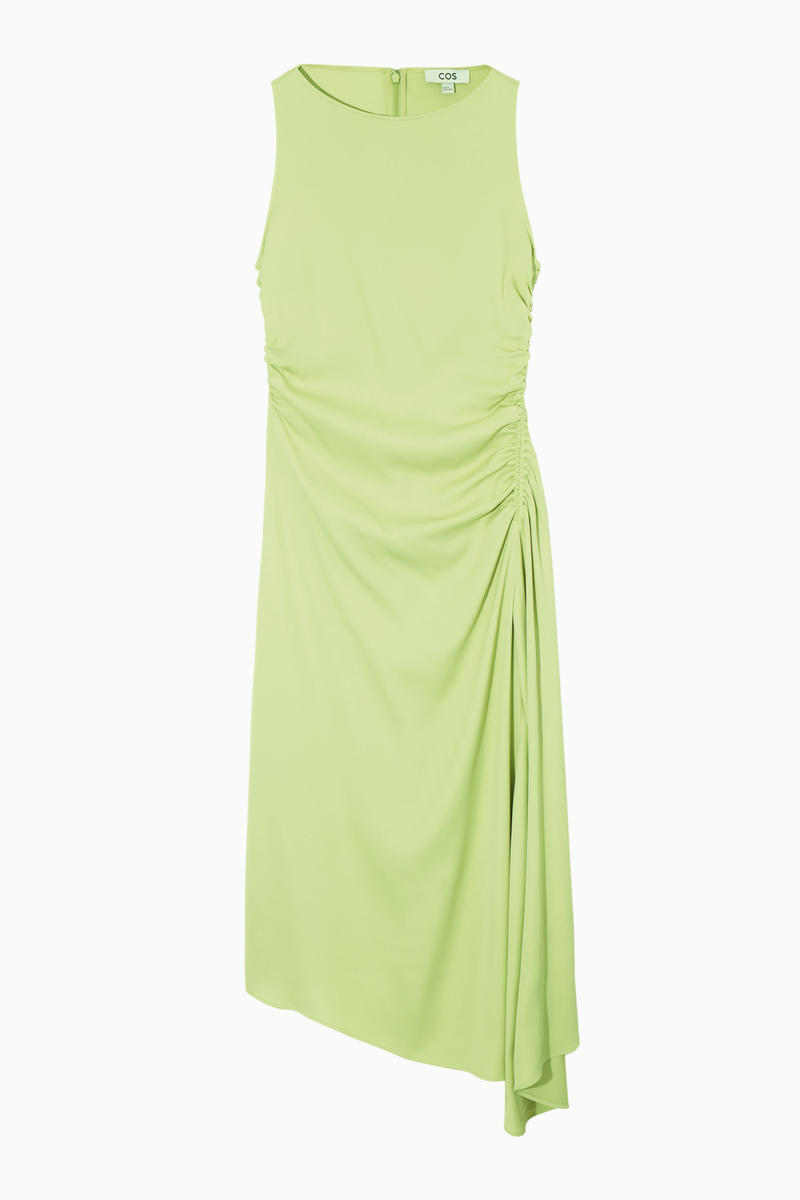 Asymmetric Gathered Satin Midi Dress