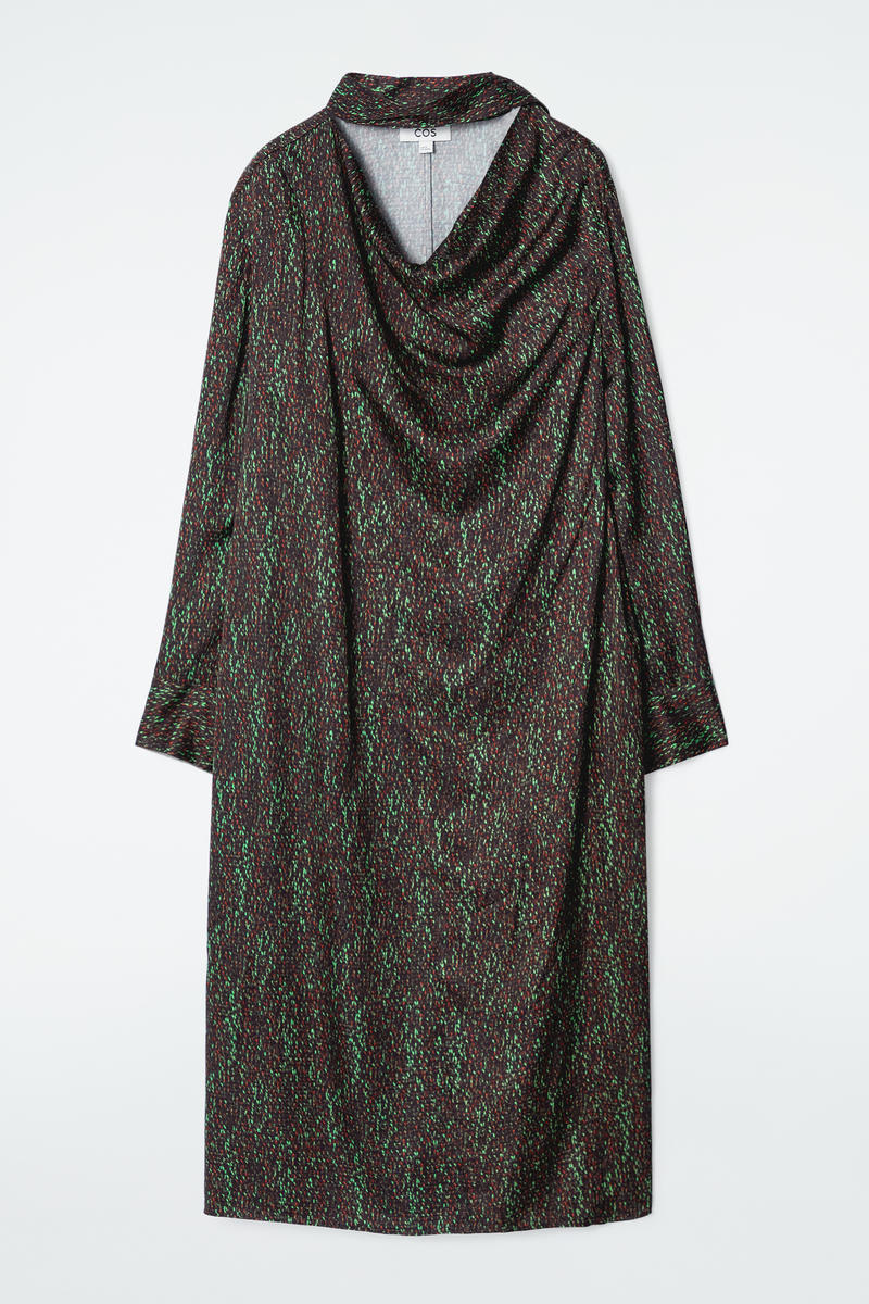 Cos Scarf-detail Printed Midi Dress In Black