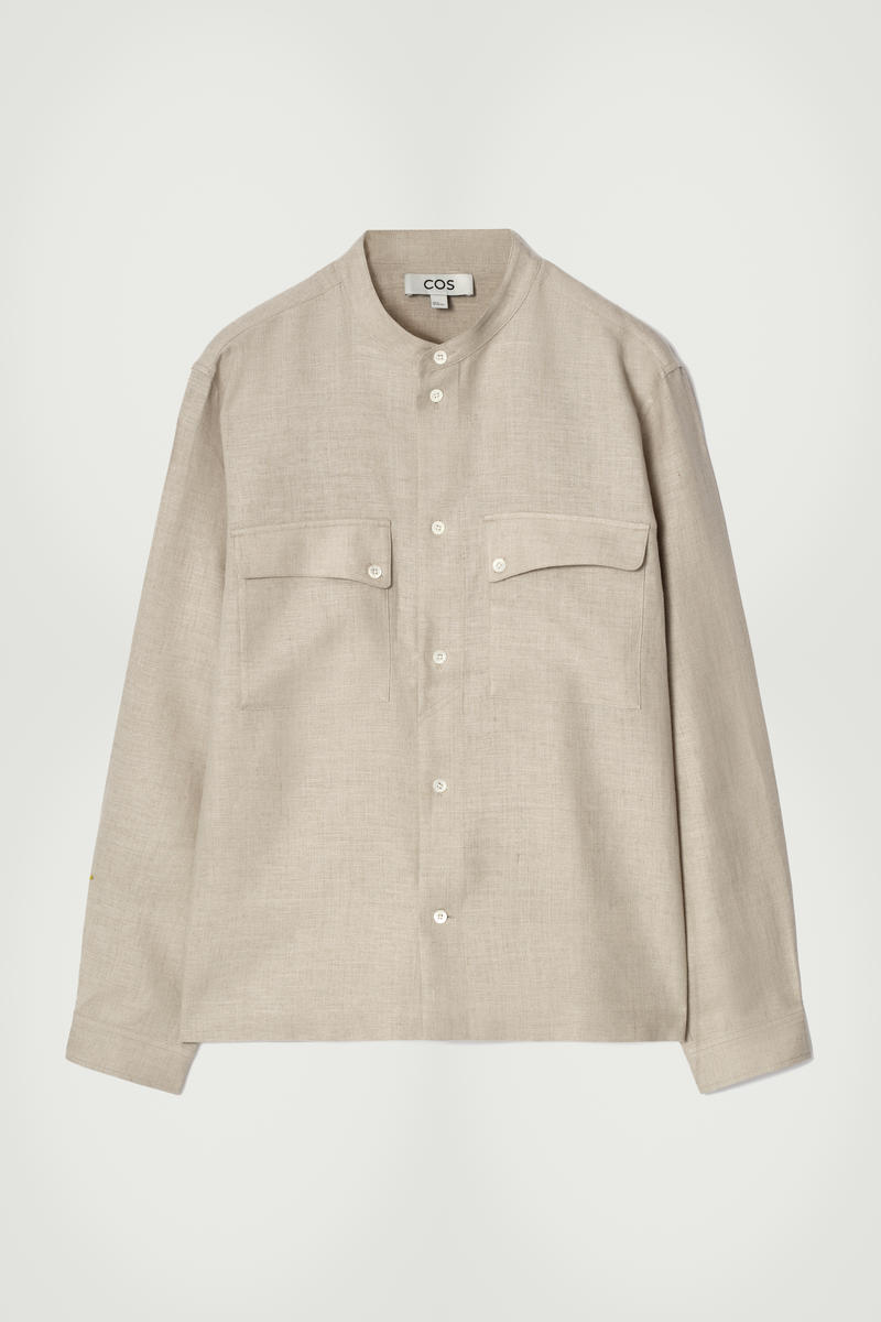Grandad-Collar Linen Overshirt in Beige