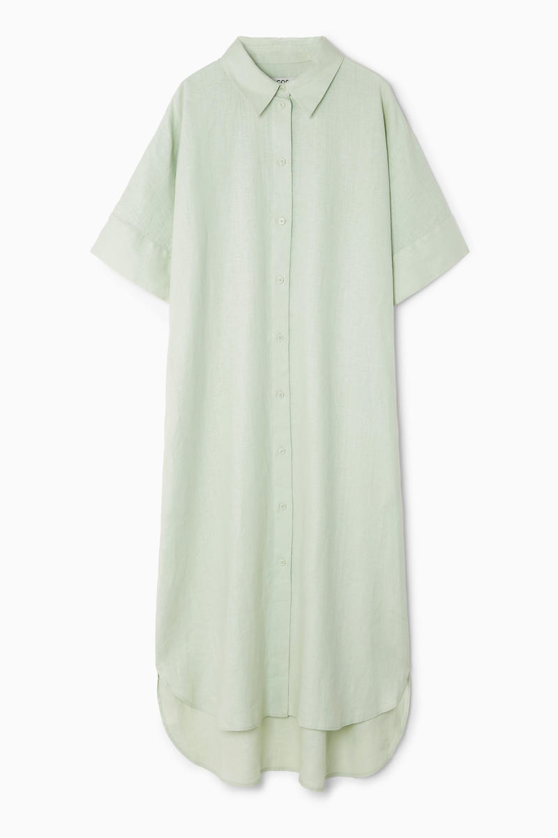 Oversized Linen Midi Shirt Dress in Green