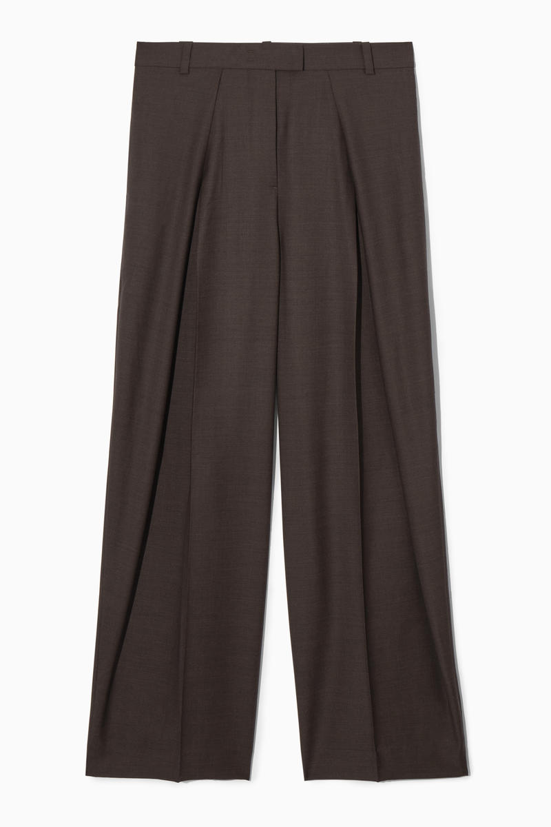 Wide-Leg Pleated Wool Trousers in Brown