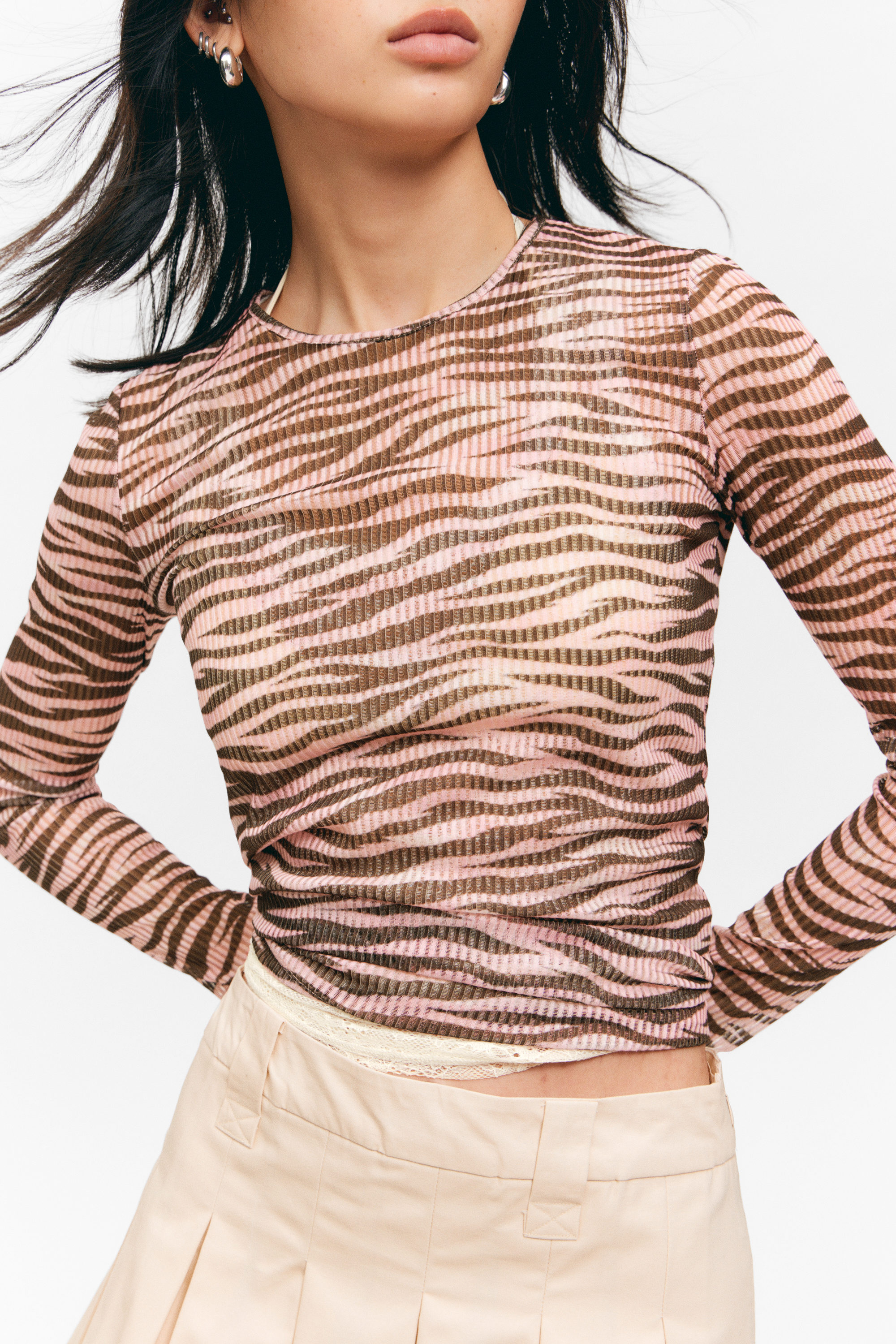 long-sleeved printed mesh top - Tiger-striped Pink | Monki WW