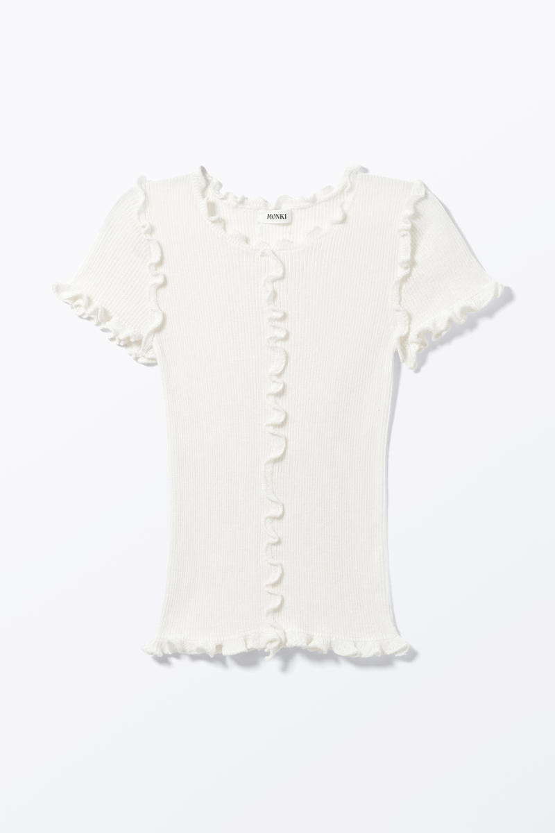 Kortärmad rib-stickad topp med volang