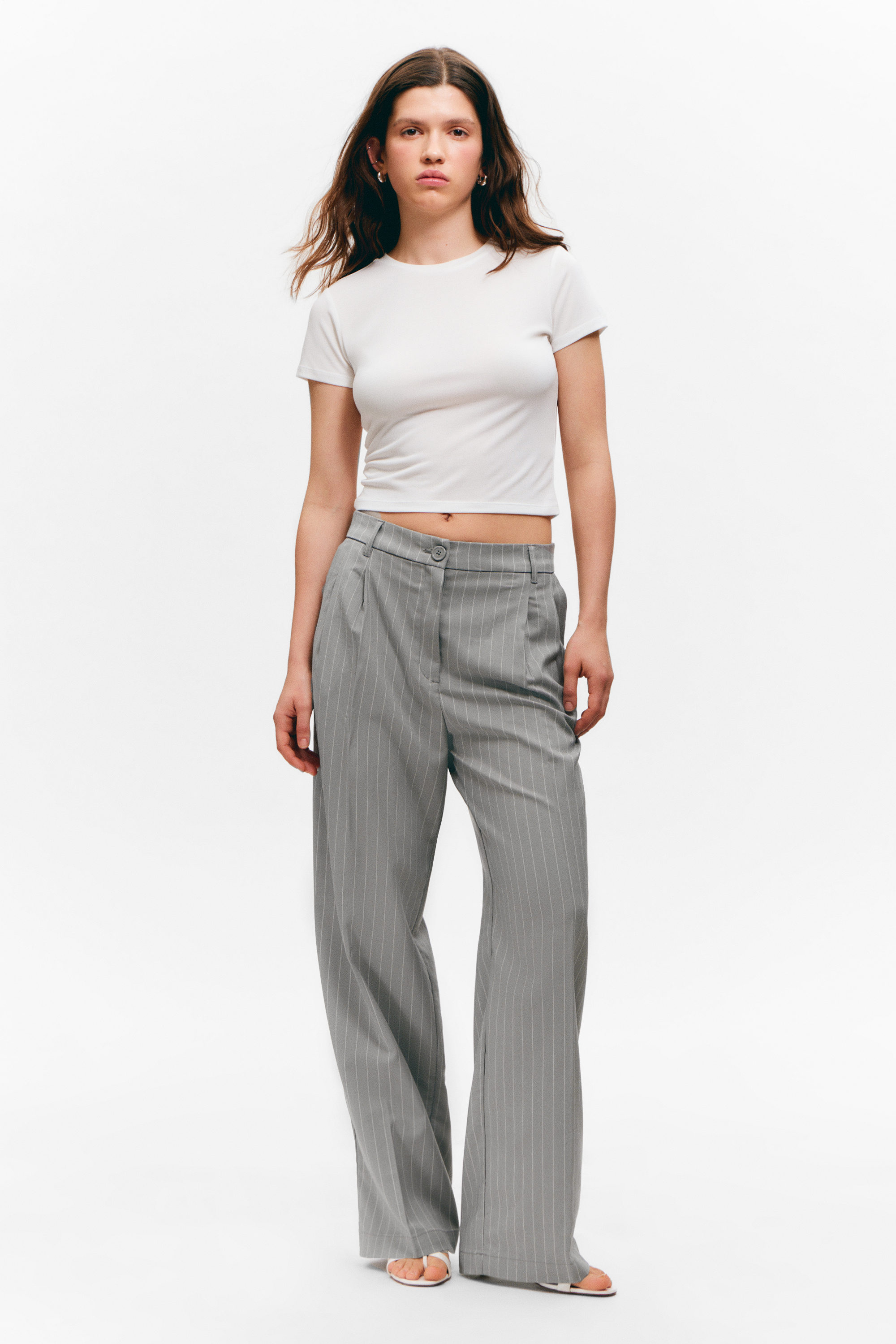 wide leg trousers - Striped Grey | Monki DK